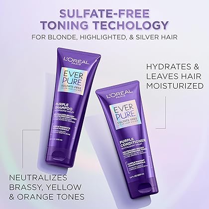 L’Oreal Paris EverPure Sulfate Free Brass Toning Purple Shampoo and Conditioner Set for Blonde, Bleached, Silver, or Brown Highlighted Hair, 1 Kit