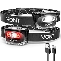 Vont LED Headlamp [Batteries Included, 2 Pack] IPX5 Waterproof, with Red Light, 7 Modes, Head Lamp, for Running, Camping, Hiking, Fishing, Jogging, Headlight for Adults & Kids, Red (Rechargeable)