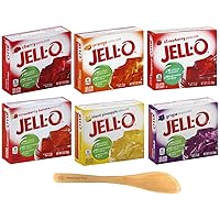 Jello Gelatin Dessert Variety, Cherry, Orange, Strawberry, Island Pineapple, Strawberry Banana, and Grape, 3 Ounce (Pack of 6) - with Make Your Day Mini Bamboo Spatula