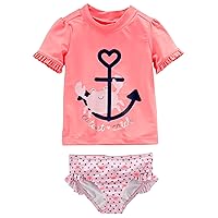 Simple Joys by Carter's Girls' 2-Piece Assorted Rashguard Sets, Pink Anchor Print/Salmon Pink Crab, 6-9 Months