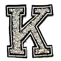 Letter K Patch Black Silver Diamond Crystal Jewelry Patch Letter A-Z Embroidered Patch IronSew on Fabric Applique Cloth Badge (Silver Crystal Letter K)