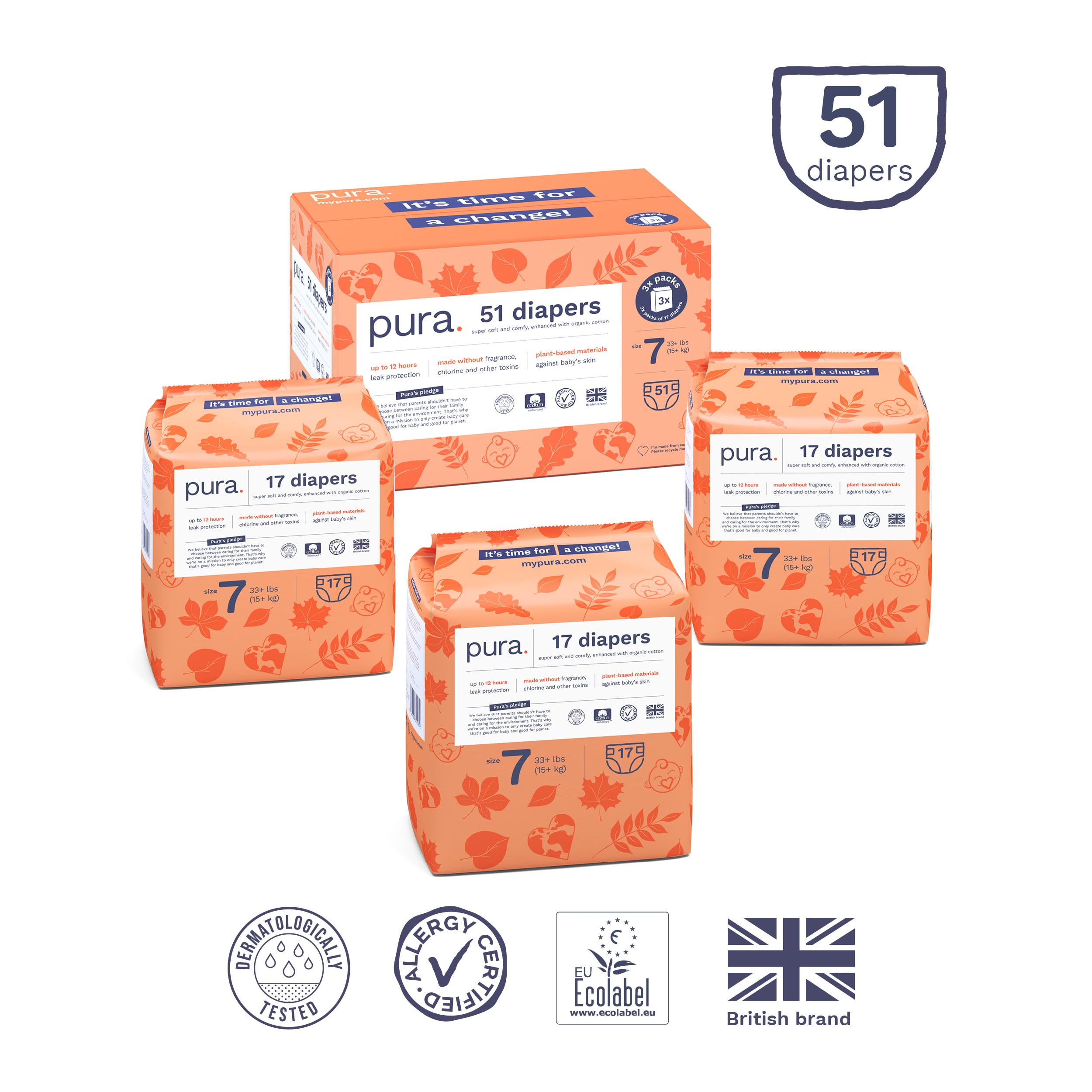 Pura Size 7 Eco-Friendly Diapers (33+lbs) Hypoallergenic, Soft Organic Cotton, Sustainable, up to 12 Hours Leak Protection, Allergy UK, Recyclable Paper Packaging, 3 Packs of 17 (51 Diapers)