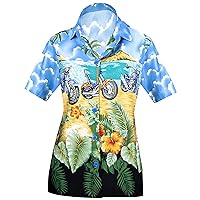 LA LEELA Button Down Shirt for Women Floral Summer Beach Party Blouse Shirt Colorful Blouses Button Up Short Sleeve Vacation Dress Hawaiian Shirts Tank Top Women M Motor Ride, Blue