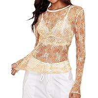 AKEWEI Womens Mesh Long Sleeve Tops Crew Neck Sexy See Through Tee Shirts Party Club Night Lace Blouse