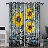 Baocicco Sunflower Blackout Curtain Rustic Country Style Floral Wooden Theme Grommet Window Drapes Vintage Yellow Sunflower Butterflies Curtains for Bedroom Kitchen Living Room 2 Panels 42x84 Inch