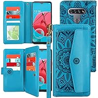 Harryshell Compatible with LG K51 / LG Reflect Case Wallet Cover [12 Card Slots Holder] [Cash Coin Pocket] Kickstand Lanyard Hand Strap Floral Flower (Blue)