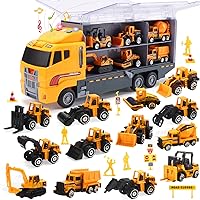 CUTE STONE 25 in 1 Construction Trucks Push and Go Car Carrier Truck Toy, Play Vehicles with Sounds and Lights, 12 Mini Diecast Trucks Included