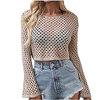 Women Crochet Knit Crop Tops Solid Pullover Sweater Long Sleeve Hollow Out Crewneck Beach Cover Up Y2k Streetwear