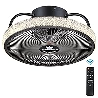 Low Profile Flush Mount Ceiling Fans with Lights and Remote,15'' Small Modern Bladeless Ceiling Fans, Black Enclosed Ceiling Fan with Dimmable LED Lighting Fixture for Bedroom Kitchen