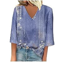 Ladies Summer Tops and Blouses 2023,Fall Womens 3/4 Length Sleeve Tops Casual Loose 3/4 Sleeve Print V Neck Shirts Print Tee