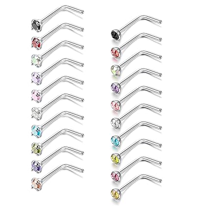 Thunaraz 20Pcs Surgical Steel L Shaped Nose Ring Stud 20G CZ Nose Piercing Jewelry