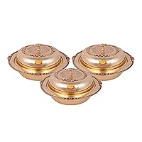 Shiv Shakti Arts® Pure Brass Serving Donga | Casserole With Lid -Heavy Gauge Eatching Engraved Design - (Set Of 3 Piece, Big - 1.5 Liter)