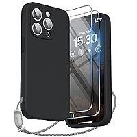SURPHY Designed for iPhone 15 Pro Case with Screen Protector and Lanyard, Phone Strap and Liquid Silicone Phone Case (Camera Protective + Soft Microfiber Lining) 6.1 inch 2023, Black