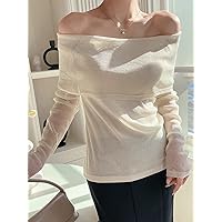 Women's Shirts Women's Tops Shirts for Women Solid Off Shoulder Top (Color : Apricot, Size : X-Large)