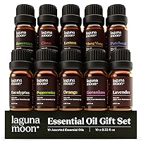 Lagunamoon 10-Pack Organic Essential Oils Set, 10mL, Top 10 Scents for Aromatherapy, Massage, Candle Making, Soap Scents, Office, Skin & Hair Care