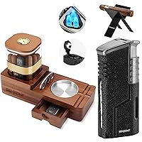 Cigar Humidor and Cigar Ashtray Set,Wooden Ashtray with Cigar Jar Tray, All in One Windproof Cigar Lighter with Cigar Punch and Cigar Draw Enhancer