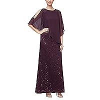 S.L. Fashions Women's Long Length Sequin Lace Beaded Capelet Dress, Formal Evening Gown, (Petite and Regular Sizes)