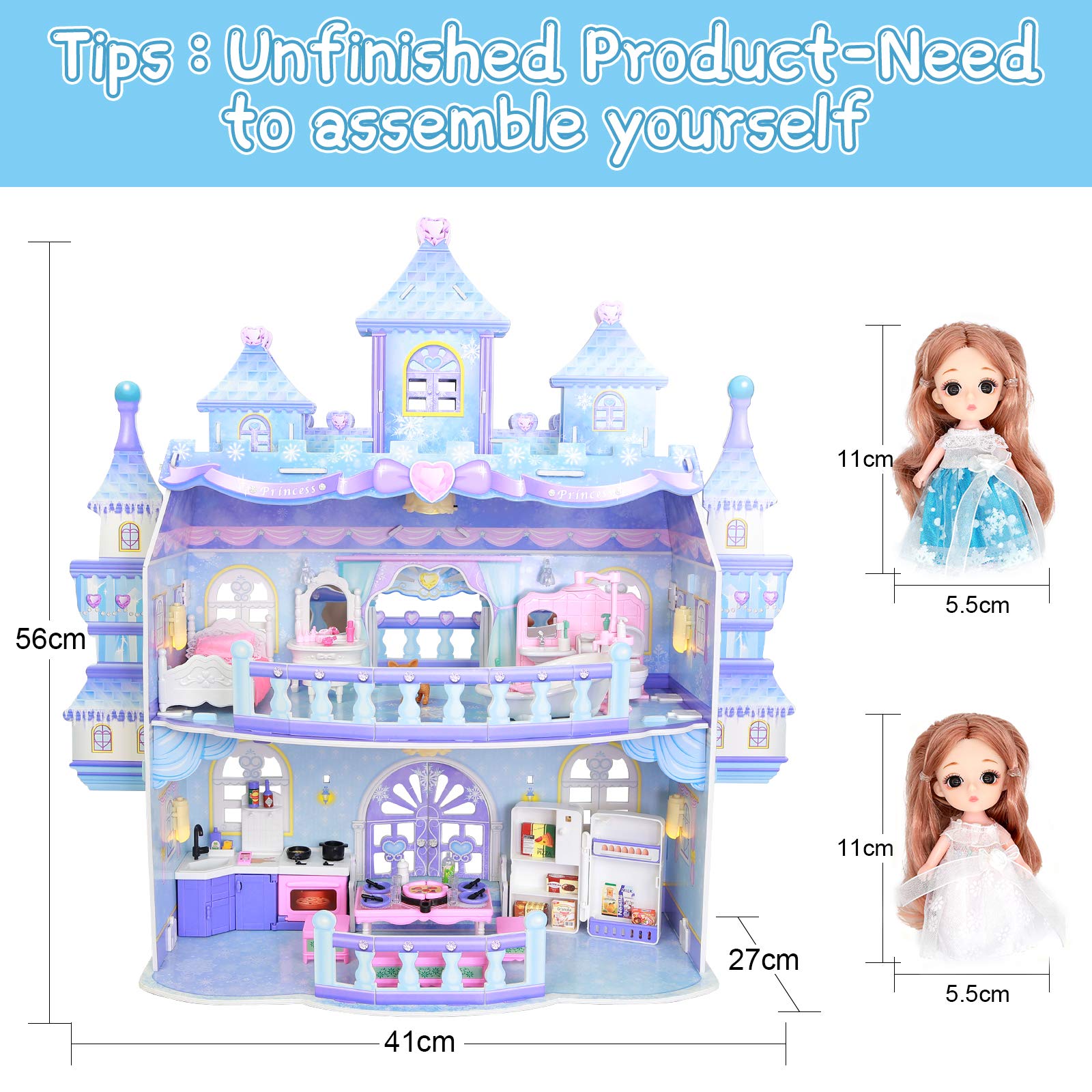Dollhouse, 3D Princess Castle Two-Story Playset Doll House with Lights for Girls, DIY Building Pretend Dream House Playhouse Toys with Furniture and Accessories, Living Room Bedroom Kitchen Bathroom