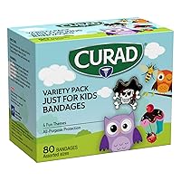 Curad Just for Kids Bandages, 4 Fun Themes, Colorful, All-Purpose Protection Plastic Bandages, 4-Sided Seal, Variety of Sizes, 80 Count