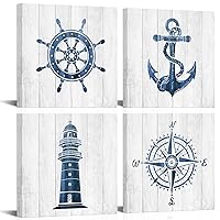 VANSEEING Nautical Wall Art Beach Themed Anchor Lighthouse Bathroom Decor Boat Helm Painting Pictures Print on Canvas Blue Grey Artwork Ready to Hang for Bathroom Living Room 12x12 Inchx4 Panels