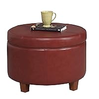 HomePop Round Leatherette Storage Ottoman with Lid, Cinnamon Red Large