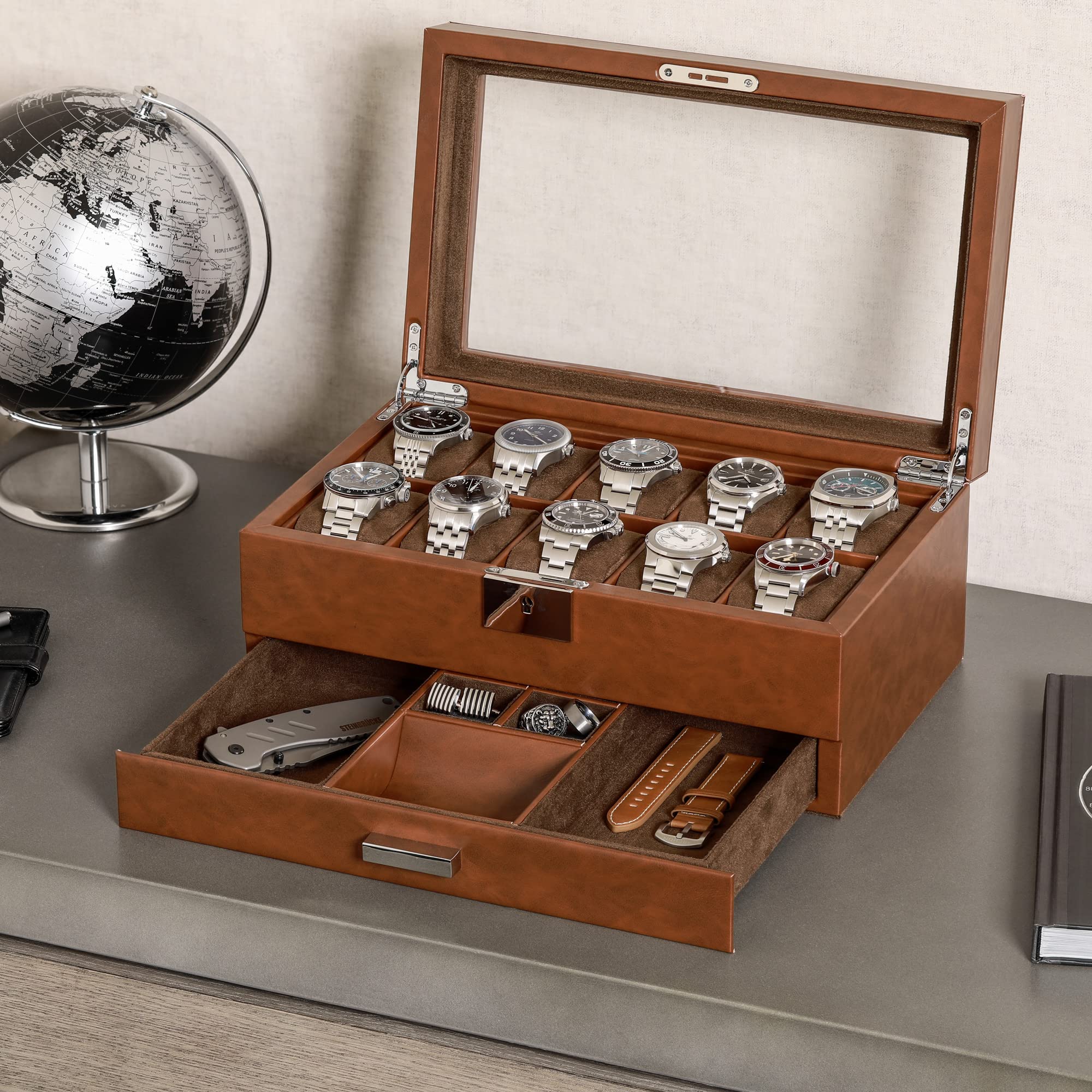 Gift Set 10 Slot Leather Watch Box with Valet Drawer & Matching 5 Watch Travel Case - Luxury Watch Case Display Organizer, Locking Mens Jewelry Watches Holder, Men's Storage Boxes Glass Top Tan/Brown