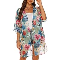 Chunoy Women Floral Print Lightweight Chiffon Kimono Cardigan Short Sleeve Loose Beach Wear Cover Up Blouse Top