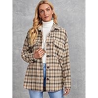 Coat For Women - Plaid Flap Pocket Drop Shoulder Overcoat