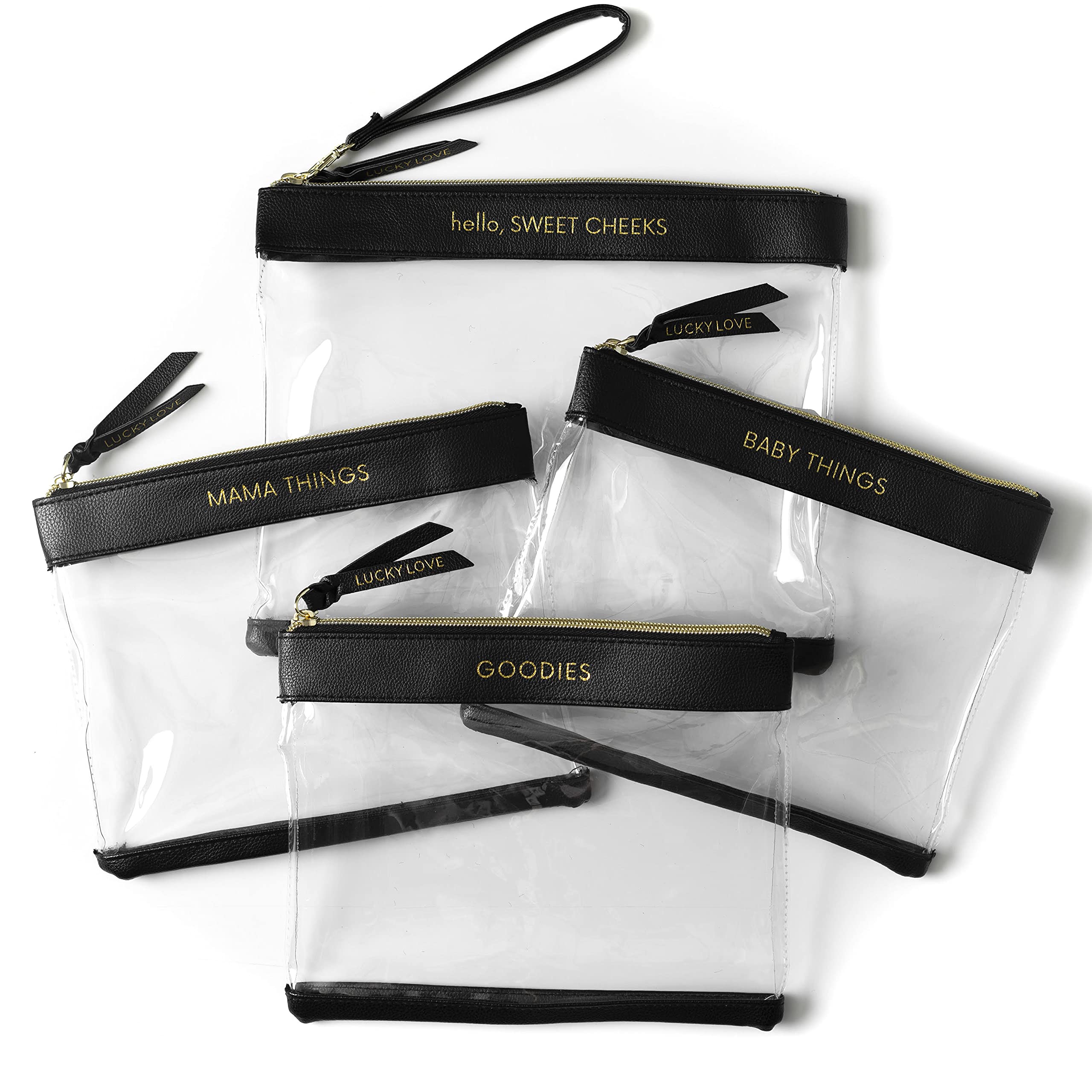Diaper Bag Organizing Pouches | Set of 4 Including Diaper Clutch | Dry Wet Bag (Black & Clear)