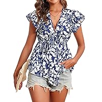 Women's Summer Tops Floral Print Knot Front V Neck Butterfly Peplum Blouse Ruffle Flowy Dressy Tunic Shirts