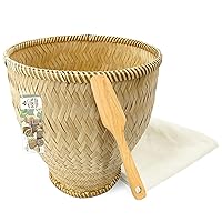 Handmade 100% Natural Thai Bamboo Wicker Sticky Rice Cooking Steamer Basket Professional Round Basket 9 IN Large Size with 24x24 Inch Cheesecloth Wrap and Vintage Wooden Paddle