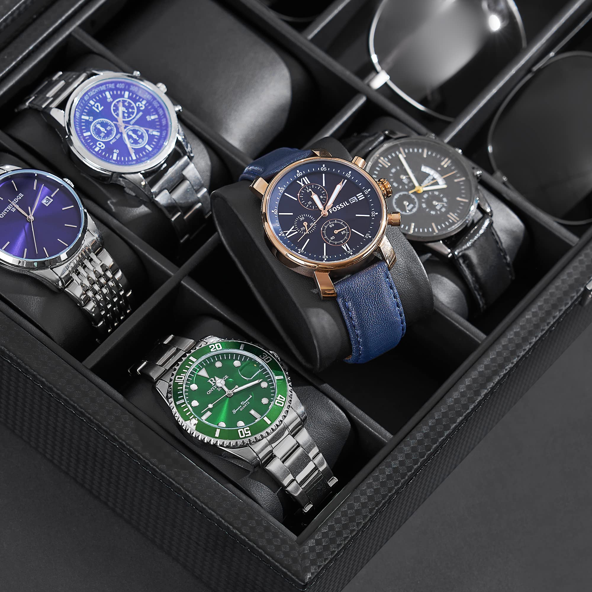 BEWISHOME 20 Slots Watch Case for Men Luxury Watch Organizer with Glass Top & 6 Watch Case and 3 Slots Sunglasses Box for Men