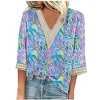 Summer Tops for Women 2024 Trendy Deep V Neck Cute Floral Blouses Flowy Casual Dressy Loose Fit Tops 3/4 Sleeve