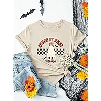 PAAPLE Women's T-Shirt Halloween Print Tee - Casual Short Sleeve Round Neck Shirt T-Shirt for Women