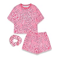Barbie Girls Pyjama Set | Childrens Wavy All Over Print Pink Short Sleeve Top & Shorts Graphic PJs Bundle with Scrunchie