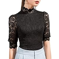 Lace Tops for Women, Summer Fashion Mock Neck Puff Short Sleeve Embroidery Patchwork Blouses Elegant Work Shirts