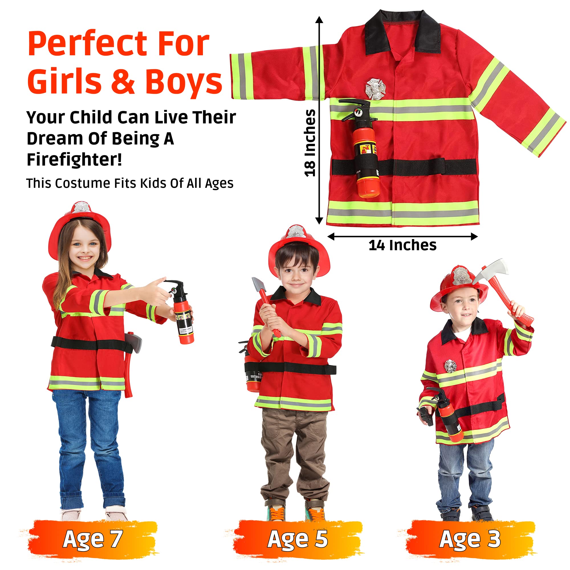 Firefighter Costume for Kids, Toddler Dress Up Costumes, Pretend Play Fireman Costume for Kids with Firefighter Gear, For Boys and Girls Ages 3-7