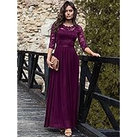 Women's Dress Floral Lace Bodice Ribbon Waist Pleated Prom Dress (Color : Purple, Size : Small)