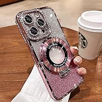 Glitter Diamond Magnetic Ring Holder Case for iPhone 15 Pro, Airbag Four Corners Anti-Drop Bracket Case Cover, Plating Camera Protection Clear Phone Case (Pink, for iPhone14 Pro)