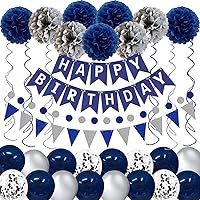 Navy Blue Silver Birthday Decorations, Happy Birthday Party Supplies for Men Women Boys with HAPPY BIRTHDAY Banner, Tissue Paper Flowers Pom Pom, Pennant, Circle Dot String, Latex Balloons
