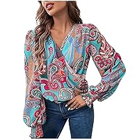 YZHM Blouses for Women Dressy Casual, Ladies Long Sleeve Wrap Tops V Neck Chiffon Shirts Fashion Tunic Tops Trendy Tshirts, Long Sleeve Shirts for Women, Shirts for Women Dressy Casual Multicolor