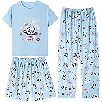 Vopmocld Big Girls' 2-Piece Cotton Pajamas Cute Cat Panda Sleepwear Short Sleeve Long Pants Nighty Sets