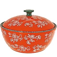 Temp-tations 2.5 Qt Round Baking Bowl with Domed Lid, Stoneware (Floral Lace Tangerine)