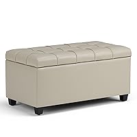 SIMPLIHOME Sienna 33 Inch Wide Transitional Rectangle Storage Ottoman Bench in Satin Cream Vegan Faux Leather, For the Living Room, Entryway and Family Room, 34 inch