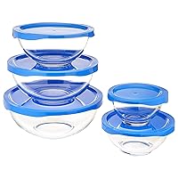 Amazon Basics 10-Piece Glass Mixing Bowl Set, 5 Bowls and 5 BPA-Free Lid, clear with blue lids, 1 x 490ml, 880ml, 1400ml, 2400ml, 3300ml