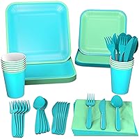 Hallmark Crayola Hallmark Color Pop Green and Blue Party Supplies (12 Dinner Plates, 12 Dessert Plates, 12 Paper Cups, 24 Napkins, 12 Sets of Plastic Cutlery) for Birthdays, Baby Showers, Father's Day