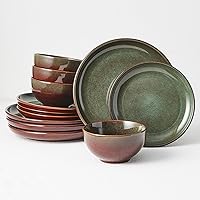 Stoneware Dinnerware Set Service for 4, 12pcs Reactive Glaze Plates and Bowls Sets, Handmade Round Dishes Set, Highly Chip and Crack Resistant Modern Plate Set, Red Brown & Green