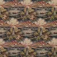 J9600B Multi Colored Cabin in The Wilderness with Mountains Woven Decorative Novelty Upholstery Fabric by The Yard