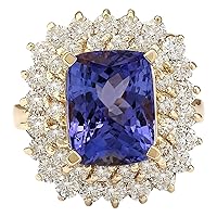 9.3 Carat Natural Blue Tanzanite and Diamond (F-G Color, VS1-VS2 Clarity) 14K Yellow Gold Luxury Cocktail Ring for Women Exclusively Handcrafted in USA