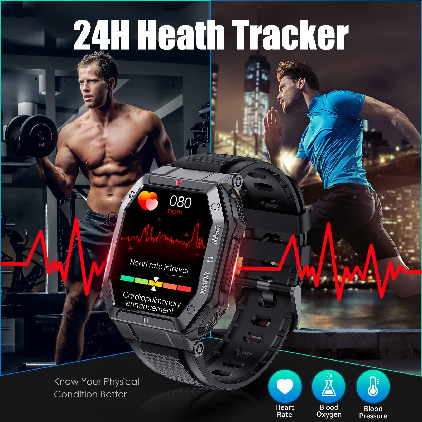 Military Smart Watch for Men with Call (Answer/Make) Outdoor Tactical Sports Watch Rugged 1.85